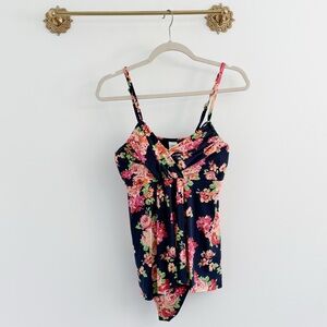 Garnet Hill Ruched Overlay Floral Navy One Piece Swimsuit